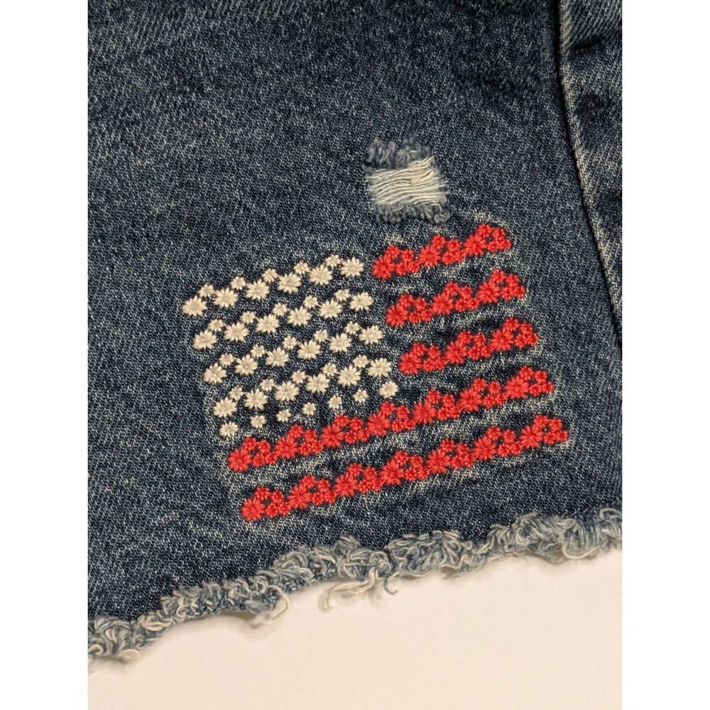 Old Navy High-Rise Built-In Tough Denim Shorts Embroidered Flag Floral Blue‎ 10 - Picture 3 of 4